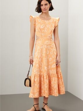 Marissa Webb Peach and White Flutter Sleeve Midi Dress Sz 6